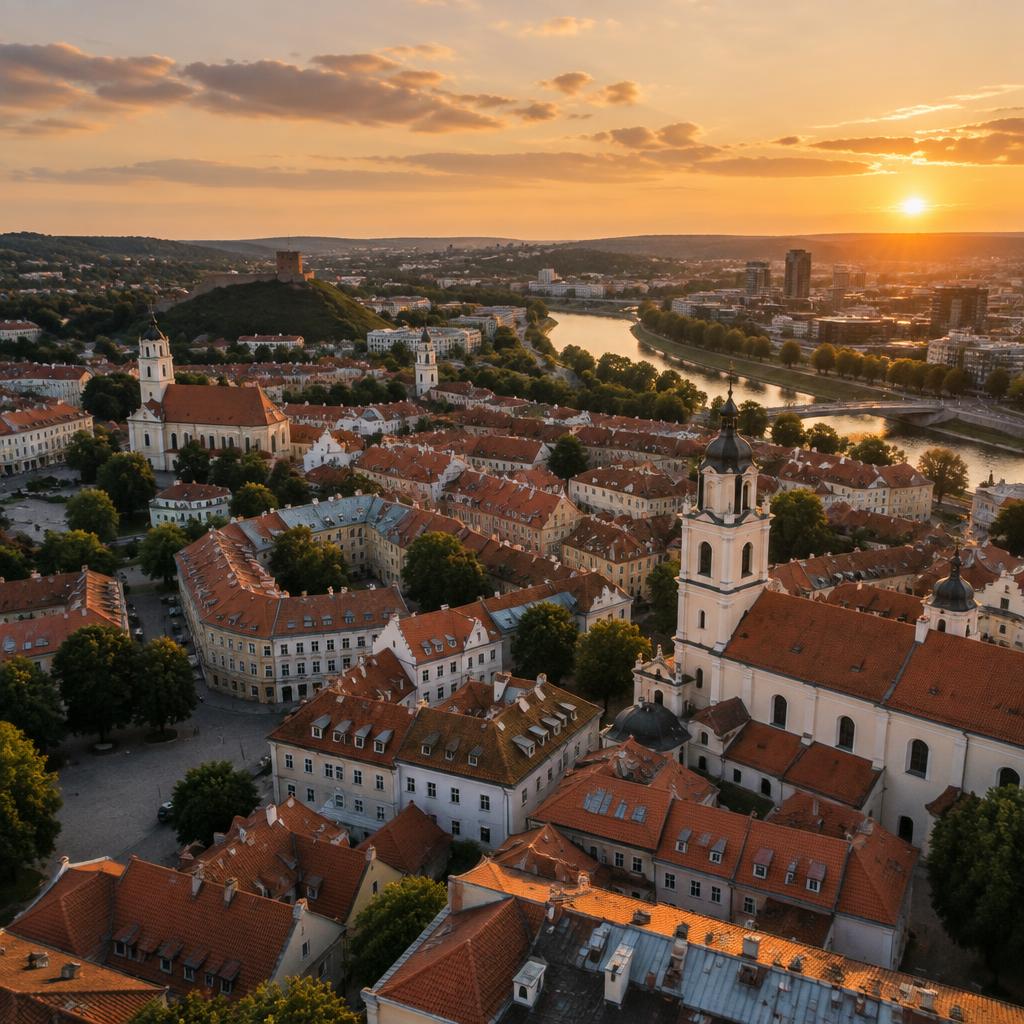 Filmavimas dronu — oro vaizdas į miestą saulėlydžio metu